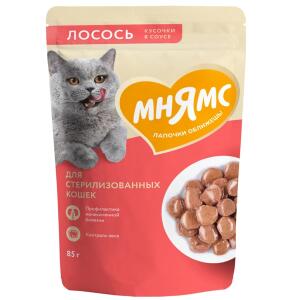 Влажный корм Мнямс Кусочки в соусе с Лососем для стерилиз.кошек 85г