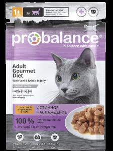 Консервированный корм для кошек Probalance Gourmet Diet, телятина и кролик в желе, 85г (28шт. в уп)