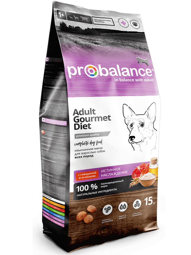 Сухой корм для собак Probalance Gourmet Diet, говядина с ягненком, 15кг